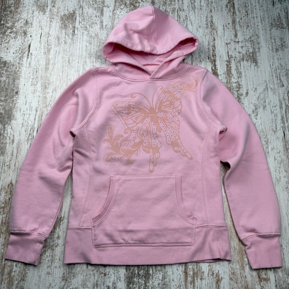 VTG Y2K Arizona Jean Co Pink Butterfly Rhinestone Hoodie Pullover Girls XL 16 - Picture 2 of 9